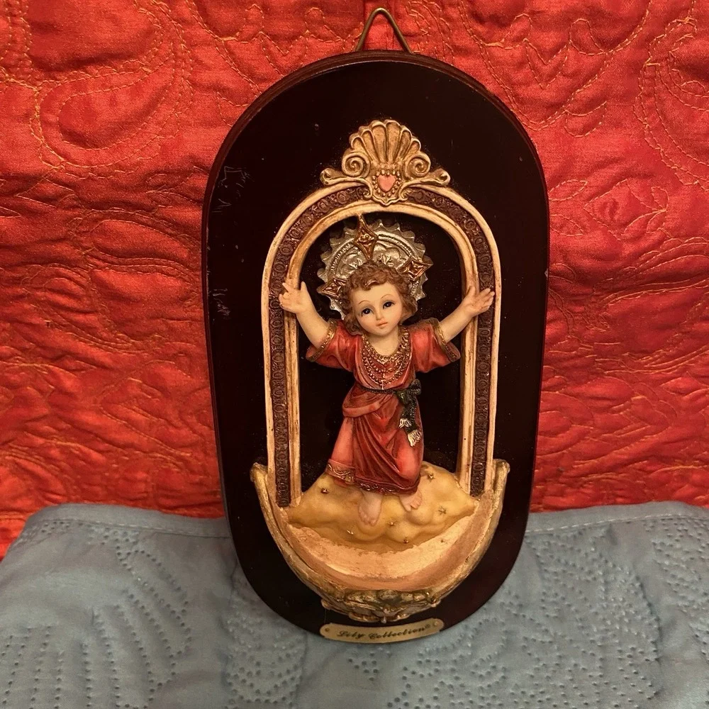 Divine Child Jesus Sacred Heart Holy‎ Water Wall Font VTG  Resin Mounted On Wood